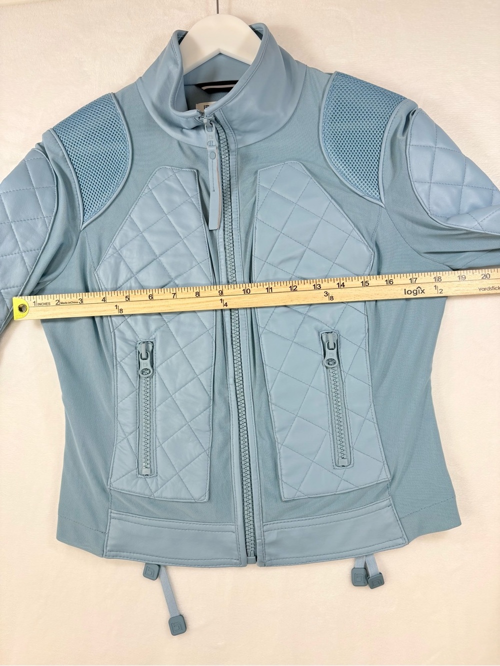 Blanc Noir Leather Quilted Moto Jacket Size Medium Light Blue Fog Mesh Biker - Picture 13 of 14